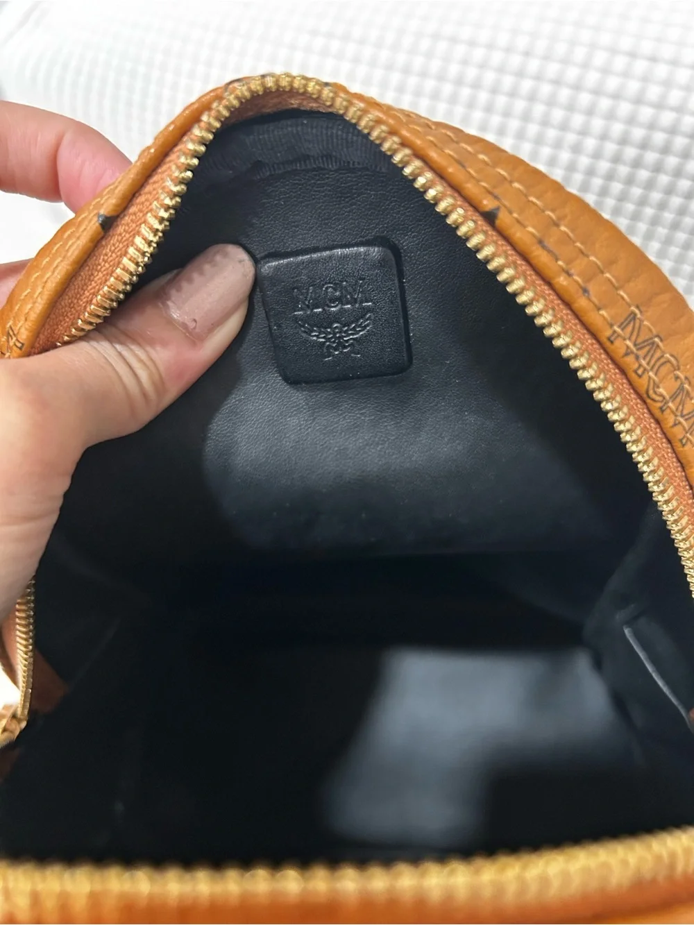 Authentic MCM Cognac Logo Gold Studded Mini Backpack Visetos